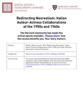 Redirecting Neorealism: Italian Auteur-Actress Collaborations of the 1950S and 1960S