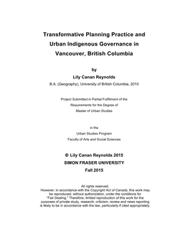 Transformative Planning Practice and Urban Indigenous Governance in Vancouver, British Columbia