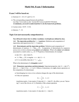 Math 544, Exam 3 Information