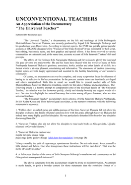 UNCONVENTIONAL TEACHERS an Appreciation of the Documentary 