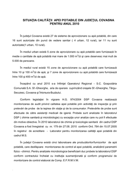 Situaţia Calităţii Apei Potabile Din Judeţul Covasna Pentru Anul 2010