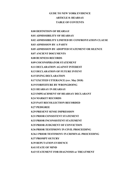 Gude to New York Evidence Article 8: Hearsay Table of Contents