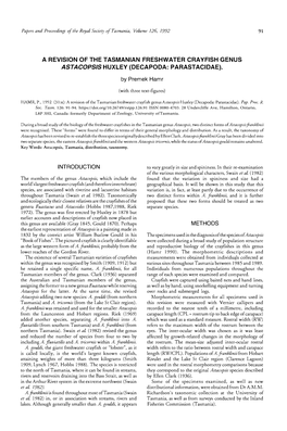 A Revision of the Tasmanian Freshwater Crayfish Genus Astacops/5 Huxley (Decapoda: Parastacidae)