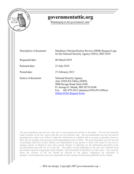 Requests Logs for the National Security Agency (NSA), 2002-2010