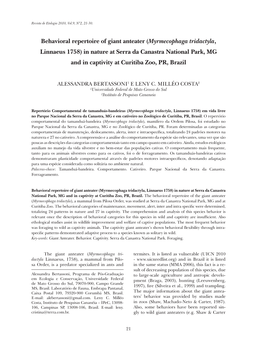 Behavioral Repertoire of Giant Anteater (Myrmecophaga Tridactyla