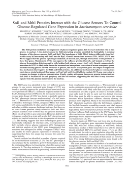 Std1 and Mth1 Proteins Interact with the Glucose Sensors to Control Glucose-Regulated Gene Expression in Saccharomyces Cerevisiae