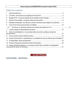 Table Des Matières 1 Actus Franciliennes