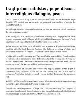 Iraqi Prime Minister, Pope Discuss Interreligious Dialogue, Peace