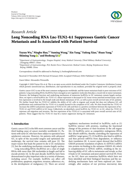 Long Noncoding RNA Lnc-TLN2-4: 1 Suppresses Gastric Cancer Metastasis and Is Associated with Patient Survival