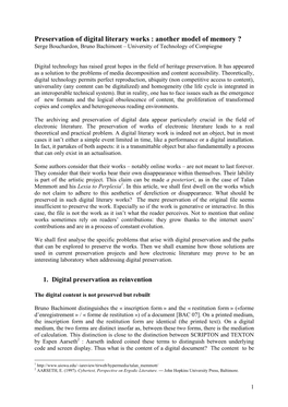 Preservation of Digital Literary Works : Another Model of Memory ? Serge Bouchardon, Bruno Bachimont – University of Technology of Compiegne