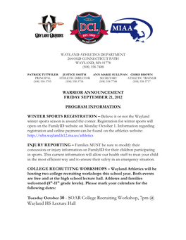 SOAR College Recruiting Workshop, 7Pm @ Wayland HS Lecture Hall