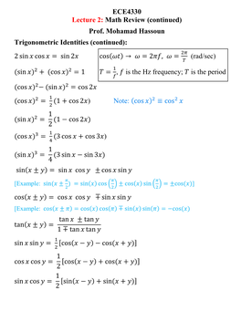 ECE4330 Lecture 2: Math Review (Continued) Prof