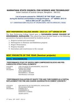 KARNATAKA STATE COUNCIL for SCIENCE and TECHNOLOGY Indian Institute of Science Campus, Bangalore - 560 012