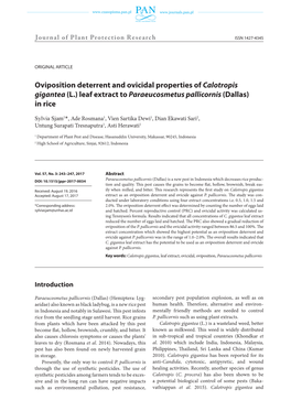 Oviposition Deterrent and Ovicidal Properties of Calotropis Gigantea (L.) Leaf Extract to Paraeucosmetus Pallicornis (Dallas) in Rice