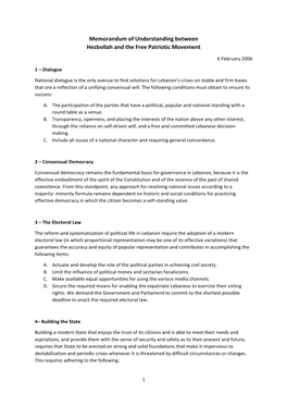 Memorandum of Understanding Between Hezbollah and the Free Patriotic Movement