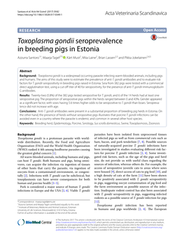 Toxoplasma Gondii Seroprevalence in Breeding Pigs in Estonia Azzurra Santoro1†, Maarja Tagel2*† , Kärt Must2, Miia Laine2, Brian Lassen2,3 and Pikka Jokelainen2,4,5