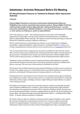 Uzbekistan: Activists Released Before EU Meeting EU Should Sustain Pressure on Tashkent to Release Other Imprisoned Activists
