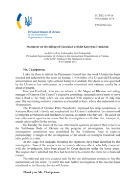 Statement on the Killing of Ukrainian Activist Kateryna Handziuk Mr