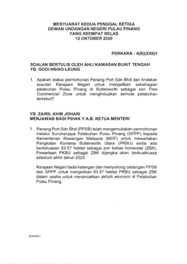 Mesyuarat Kedua Penggal Ketig a Dewan Undangan Negeri Pulau Pinang Yang Keempat Belas 12 Oktober 2020