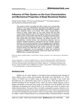 Influence of Filler System on the Cure Characteristics and Mechanical Properties of Butyl Reclaimed Rubber