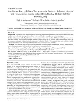 Ralstonia Pickettii and Pseudomonas Luteola Isolated from Shatt Al-Hilla in Babylon Province, Iraq Huda A