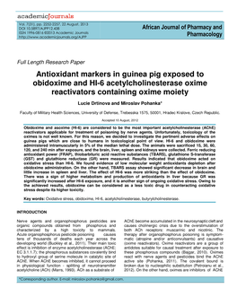 Antioxidant Markers in Guinea Pig Exposed to Obidoxime and HI-6 Acetylcholinesterase Oxime Reactivators Containing Oxime Moiety