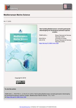 Reef Building Mediterranean Vermetid Gastropods: Disentangling the Dendropoma Petraeum Species Complex