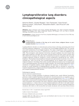 Lymphoproliferative Lung Disorders: Clinicopathological Aspects
