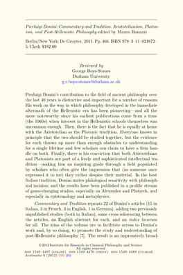 Pierluigi Donini: Commentary and Tradition. Aristotelianism, Platon- Ism, and Post-Hellenistic Philosophy Edited by Mauro Bonazzi