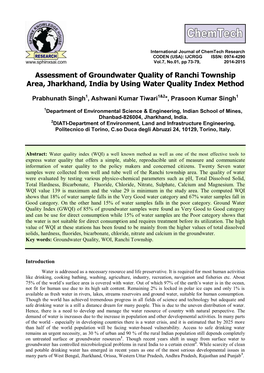 Assessment of Groundwater Quality of Ranchi Township Area, Jharkhand, India by Using Water Quality Index Method