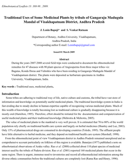 Traditional Uses of Some Medicinal Plants by Tribals of Gangaraju Madugula Mandal of Visakhapatnam District, Andhra Pradesh