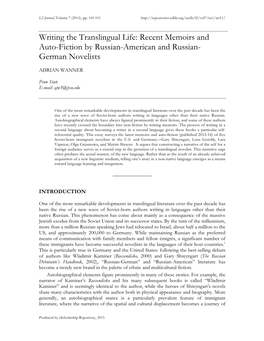 Writing the Translingual Life: Recent Memoirs and Auto-Fiction by Russian-American and Russian- German Novelists