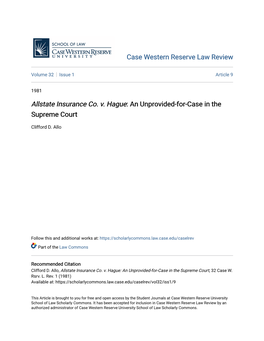 Allstate Insurance Co. V. Hague: an Unprovided-For-Case in the Supreme Court