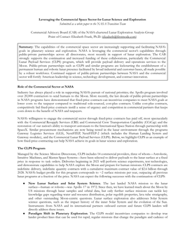 Leveraging the Commercial Space Sector for Lunar Science and Exploration Submitted As a White Paper to the NASA Transition Team