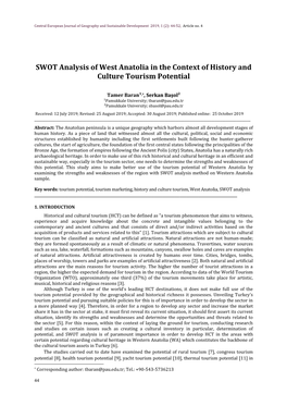 SWOT Analysis of West Anatolia in the Context of History and Culture Tourism Potential