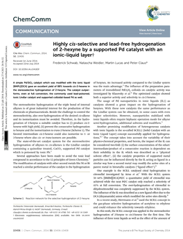 Highly Cis-Selective and Lead-Free Hydrogenation of 2-Hexyne by a Supported Pd Catalyst with an Ionic-Liquid Layer