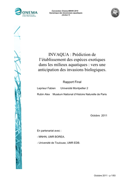 INVAQUA : Prédiction De L'établissement Des Espèces Exotiques Dans Les Milieux Aquatiques : Vers Une Anticipation Des Invas