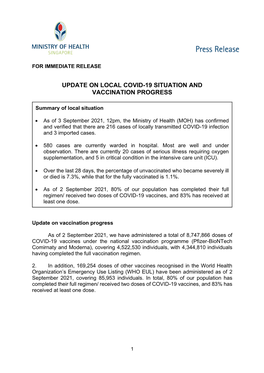 Update on Local Covid-19 Situation and Vaccination Progress