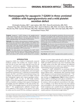 Homozygosity for Aquaporin 7 G264V in Three Unrelated Children with Hyperglyceroluria and a Mild Platelet Secretion Defect