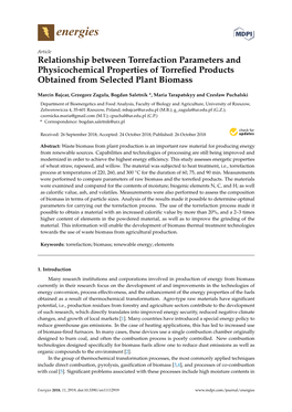 Relationship Between Torrefaction Parameters and Physicochemical Properties of Torreﬁed Products Obtained from Selected Plant Biomass