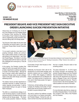 PRESIDENT BEGAYE and VICE PRESIDENT NEZ SIGN EXECUTIVE ORDER LAUNCHING SUICIDE PREVENTION INITIATIVE Window Rock, AZ - on Monday, Nov