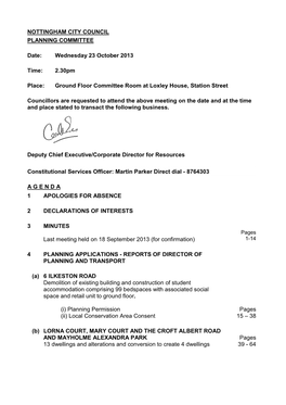 NOTTINGHAM CITY COUNCIL PLANNING COMMITTEE Date