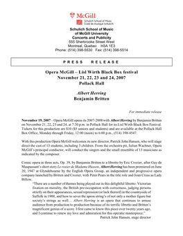 Opera Mcgill – Lisl Wirth Black Box Festival November 21, 22, 23 and 24, 2007 Pollack Hall