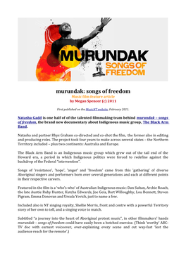 Murundak: Songs of Freedom Music Film Feature Article by Megan Spencer (C) 2011