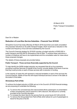 Shropshire Council Public Transport Consultation Letter – March 2019