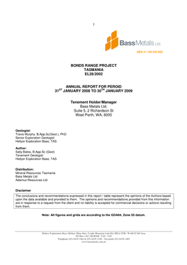 1 Bonds Range Project Tasmania El28/2002 Annual