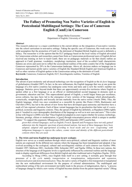 The Fallacy of Promoting Non Native Varieties of English in Postcolonial Multilingual Settings: the Case of Cameroon English (Came) in Cameroon