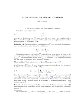 L-FUNCTIONS and the RIEMANN HYPOTHESIS 1. the Zeta-Function