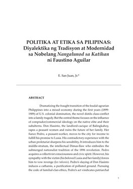 POLITIKA at ETIKA SA PILIPINAS: Diyalektika Ng Tradisyon at Modernidad Sa Nobelang Nangalunod Sa Katihan Ni Faustino Aguilar