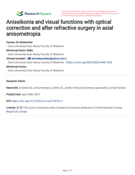 Aniseikonia and Visual Functions with Optical Correction and After Refractive Surgery in Axial Anisometropia